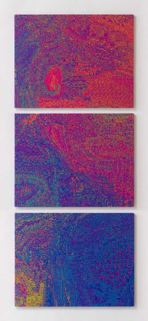 A colourful abstract texture as a triptych in woven fabric